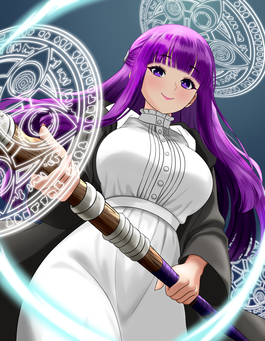 absurdres before_and_after bertstudent black_coat black_robe blunt_bangs breasts capelet coat dress fern_(sousou_no_frieren) highres holding holding_staff large_breasts lips looking_at_viewer mage_staff pointy_ears purple_eyes purple_hair purple_pupils robe smile sousou_no_frieren staff straight_hair white_dress
