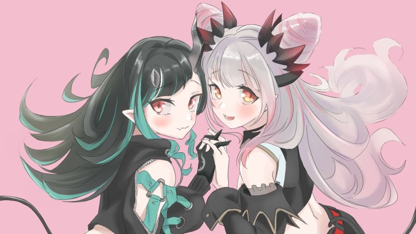 2girls belt black_gloves black_hair black_jacket black_skirt black_sleeves black_vest blue_hair blush clothing_cutout commentary_request cone_hair_bun cropped_jacket cropped_vest cross-laced_clothes cross-laced_sleeves demon_girl demon_horns demon_tail detached_sleeves fang flat_chest gin_(tttetu123) gloves gradient_hair grey_hair hair_bun honey_strap horns interlocked_fingers jacket long_hair long_sleeves multicolored_hair multiple_girls nanashi_inc. open_clothes open_jacket open_mouth open_vest pink_background pink_hair pointy_ears red_belt red_eyes shishio_chris shoulder_cutout simple_background skirt smile sugar_lyric suou_patra suou_patra_(1st_costume) tail two-tone_hair upper_body vest virtual_youtuber