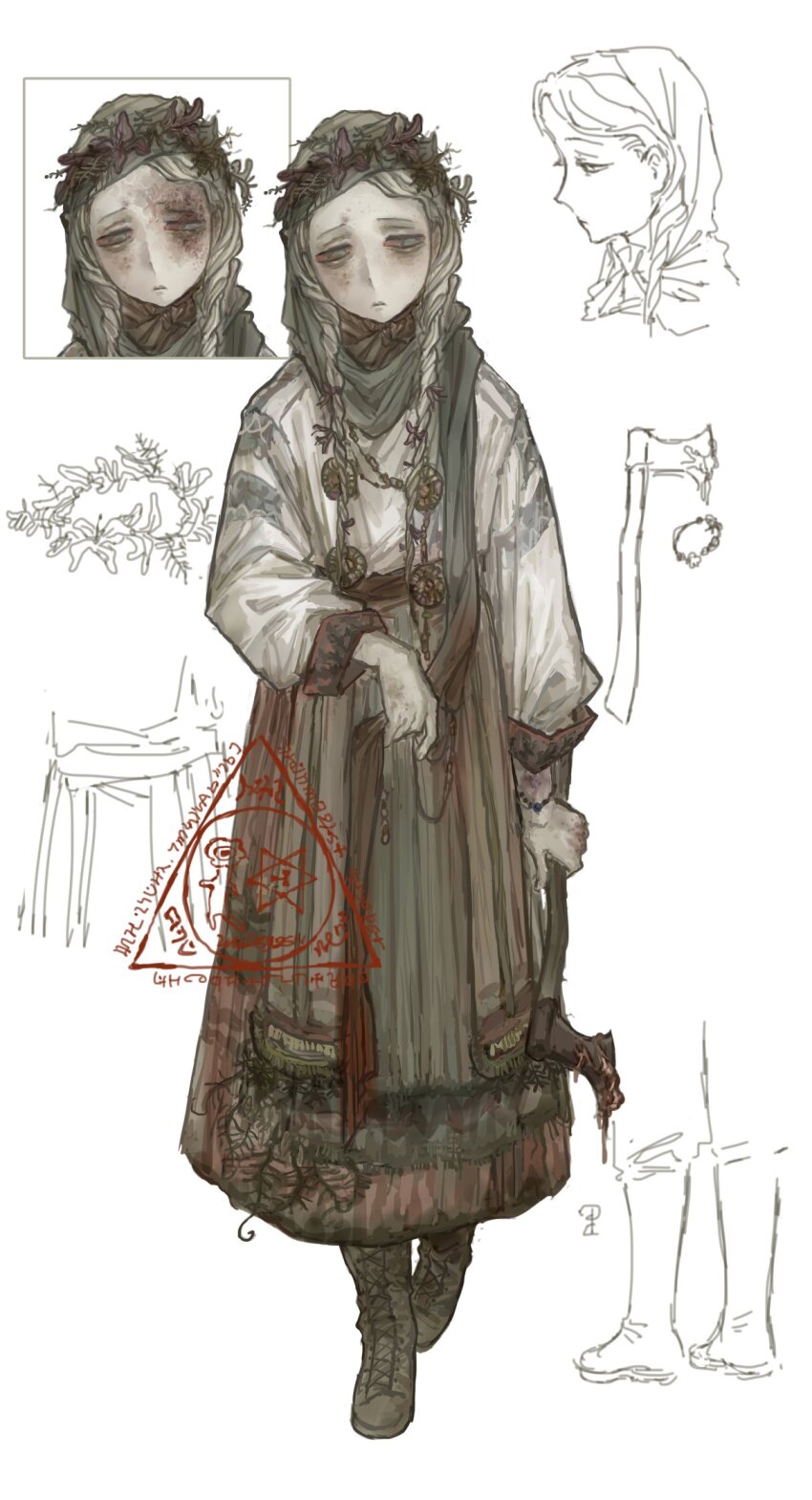 1girl axe blonde_hair blood blood_on_clothes bloody_weapon boots braid brown_footwear closed_mouth colored_sclera cross-laced_footwear frown full_body green_eyes green_scarf green_skirt half-closed_eyes hatchet_(axe) head_wreath headscarf highres holding holding_axe holding_unworn_clothes holding_unworn_scarf long_hair long_skirt long_sleeves looking_to_the_side low_twin_braids multiple_views original partially_colored red_sclera scar scar_on_face scarf shirt sigil simple_background skirt twin_braids unworn_scarf walking weapon white_shirt wuwuren