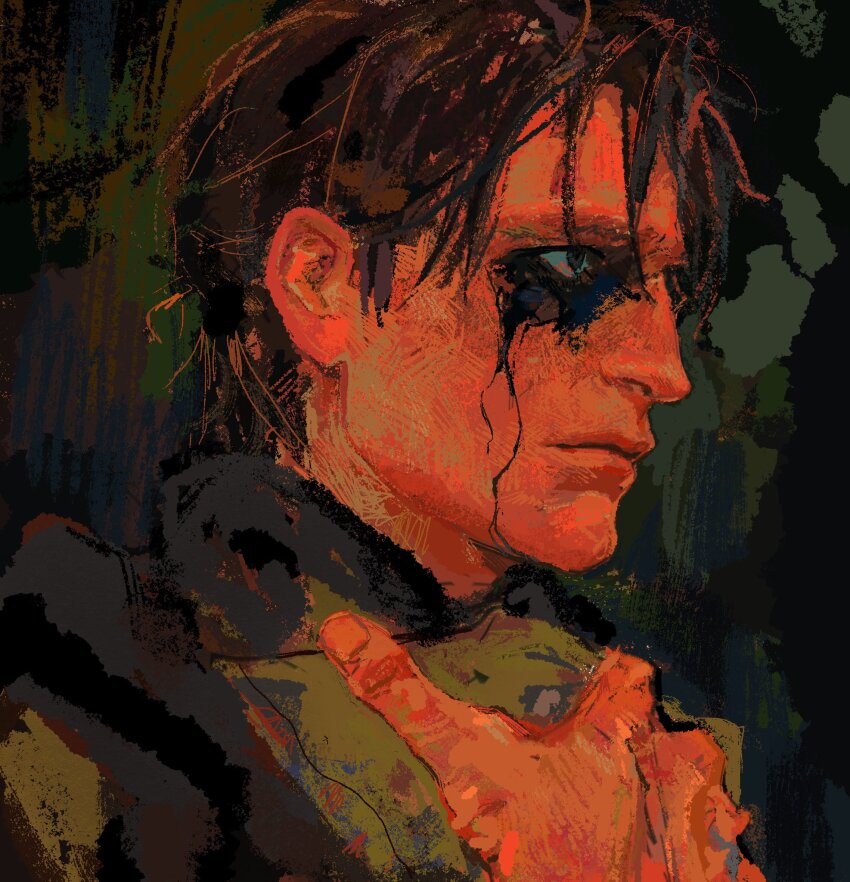 1boy batman batman_(series) brown_hair bruce_wayne closed_mouth dc_comics eye_black facing_to_the_side highres holding holding_mask male_focus mask messy_hair parted_bangs robert_pattinson ror4 short_hair sketch solo superhero_costume the_batman_(2022) upper_body wet