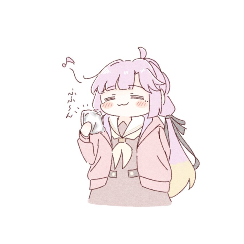 1girl :3 =_= ahoge amano_tatsu anyoji_hime arm_behind_back black_ribbon blonde_hair blunt_bangs blush brown_dress closed_eyes commentary deformed dress gradient_hair hair_intakes hair_ribbon hasu_no_sora_school_uniform highres hood hooded_jacket jacket link!_like!_love_live! long_hair long_sleeves love_live! multi-tied_hair multicolored_hair neckerchief open_clothes open_jacket pink_hair pink_jacket ponytail ribbon sailor_collar sailor_dress school_uniform sidelocks smile solo swept_bangs translation_request very_long_hair virtual_youtuber white_sailor_collar winter_uniform yellow_neckerchief
