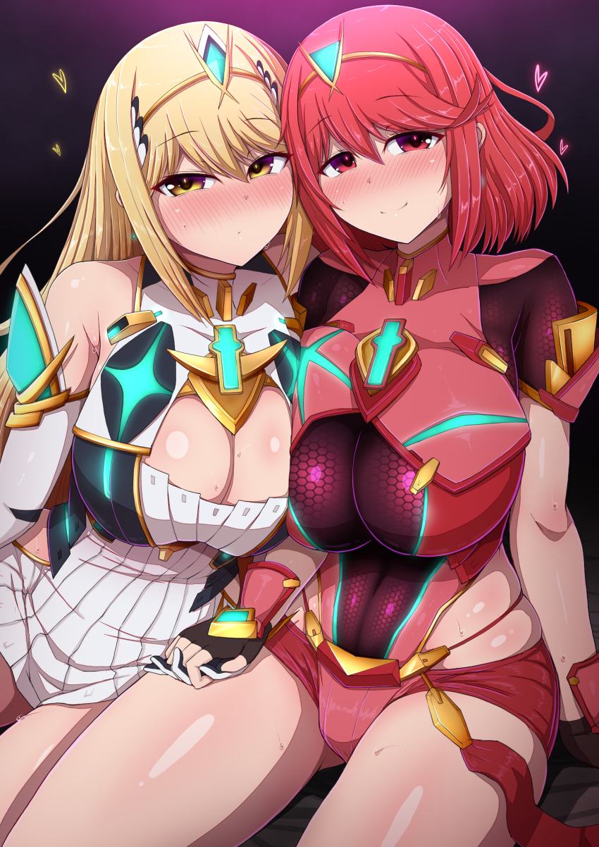 2girls aqua_gemstone black_background blonde_hair blush bodysuit breasts circlet cleavage closed_mouth commentary_request covered_navel dress elbowing gem gloves gradient_background hair_between_eyes heart highres holding_hands large_breasts long_hair looking_at_viewer multiple_girls mythra_(xenoblade) ponponmaru purple_background pyra_(xenoblade) red_bodysuit red_eyes red_hair short_hair sidelocks sitting smile thighs two-tone_background white_dress white_gloves xenoblade_chronicles_(series) xenoblade_chronicles_2 yellow_eyes