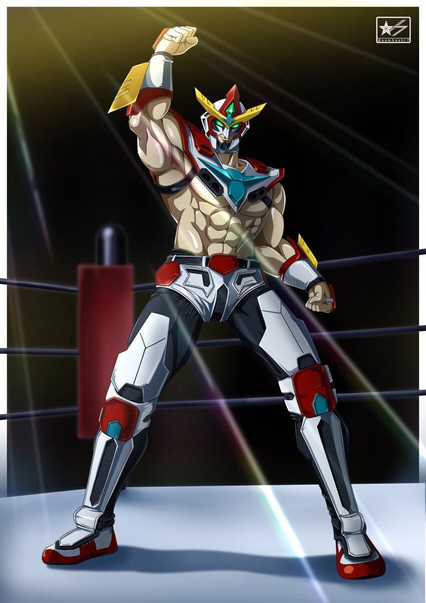 1boy absurdres arms_up bravern highres looking_at_viewer luchador luchador_mask male_focus muscular muscular_male samhoshi7 smile v-fin wrestler wrestling wrestling_boots wrestling_mask wrestling_outfit wrestling_ring yuuki_bakuhatsu_bang_bravern