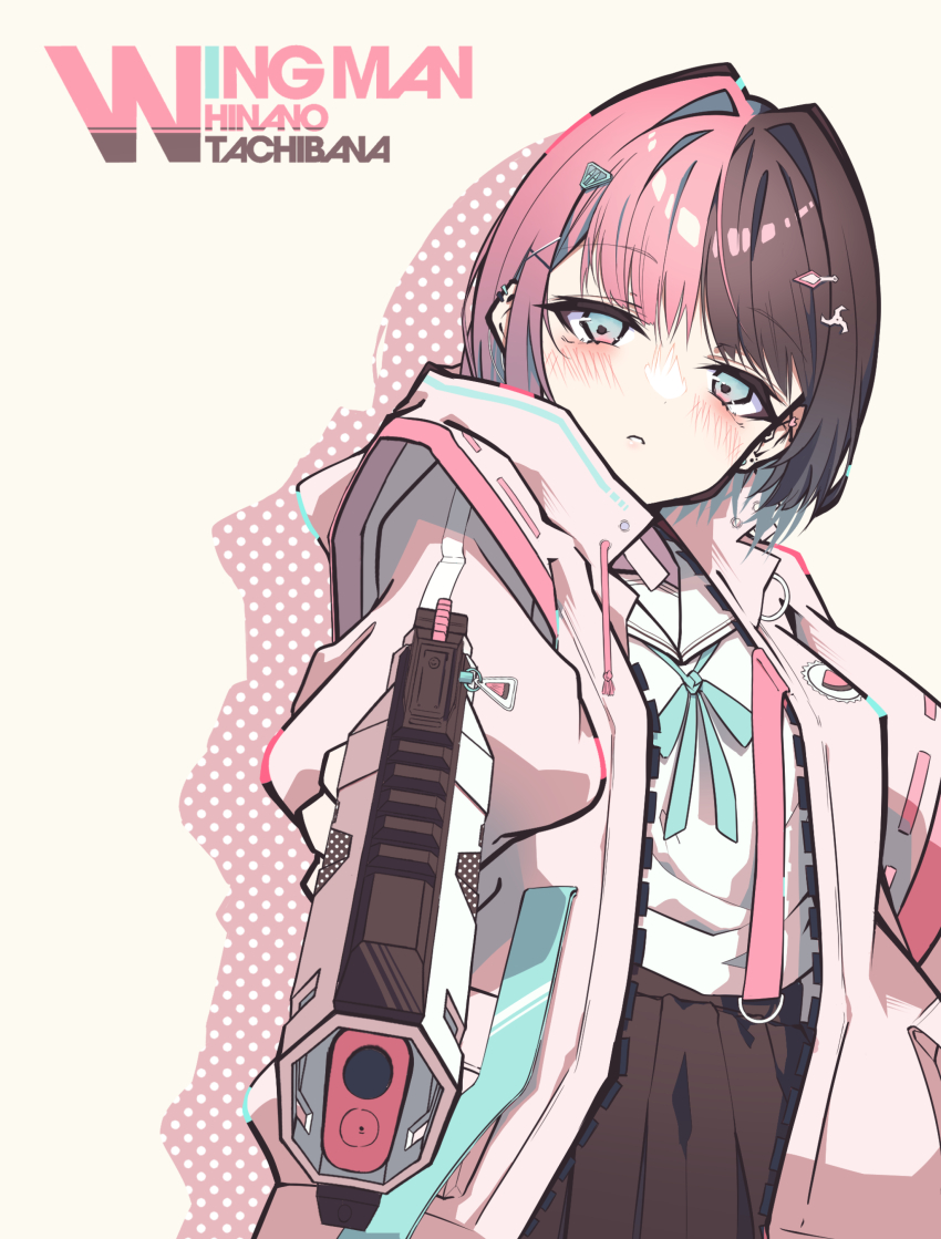 1girl absurdres apex_legends arc_star b3_wingman black_skirt blue_eyes blue_ribbon blush brown_hair character_name commentary frown gun hair_behind_ear hair_intakes hair_ornament handgun head_tilt highres holding holding_gun holding_weapon iris_black_games jacket kazari_(1a2b3c4d98721) knife_hair_ornament multicolored_hair pink_hair pink_jacket revolver ribbon sailor_collar shirt short_hair shuriken_hair_ornament skirt solo split-color_hair tachibana_hinano virtual_youtuber vspo! weapon weapon_name white_shirt