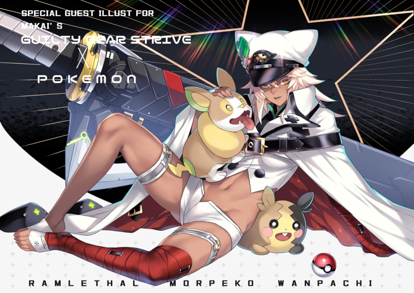 1girl ban!_(bansankan) bandaged_arm bandaged_leg bandages barefoot belt breasts cape character_name clover copyright_name crossover dark-skinned_female dark_skin english_text four-leaf_clover gen_8_pokemon guilty_gear guilty_gear_strive hat huge_weapon looking_at_viewer midriff morpeko navel nintendo on_floor orange_eyes petting platinum_blonde_hair poke_ball pokemon pokemon_(creature) pokemon_swsh ramlethal_valentine short_shorts shorts simple_background sitting smile sword thigh_strap weapon yamper