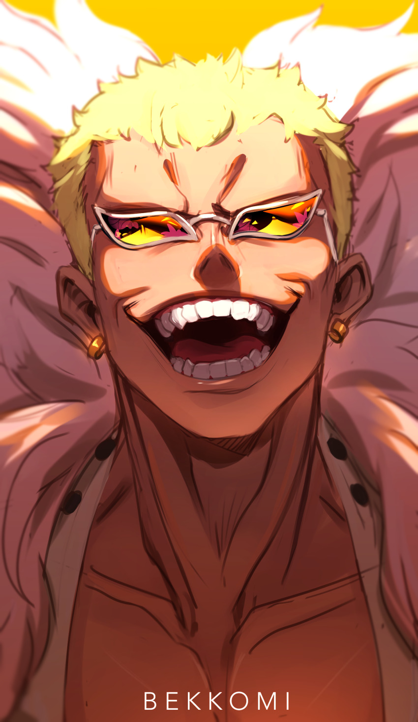 1boy absurdres bekkomi blonde_hair collarbone commentary donquixote_doflamingo earrings english_commentary highres jewelry male_focus one_piece open_mouth orange-tinted_eyewear short_hair smile solo sunglasses teeth tinted_eyewear white-framed_eyewear