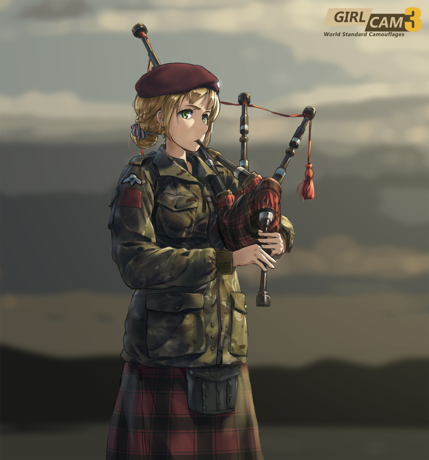 bagpipes beret blonde_hair blurry braid british_army camouflage cloud cloudy_sky depth_of_field french_braid hair_bun hair_ribbon hat highres instrument kilt military military_uniform music original paratrooper playing_instrument ribbon scotland short_hair single_hair_bun sky soldier solo sunlight tanto_(tc1995)