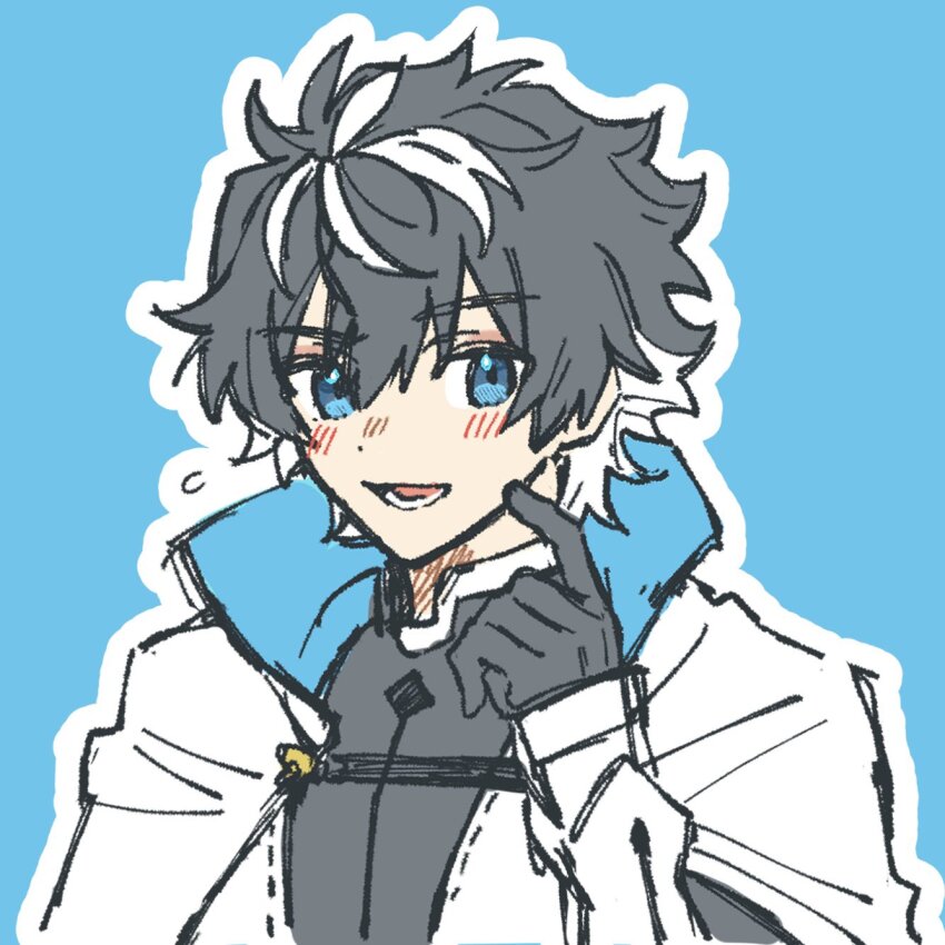 1boy black_gloves black_hair blue_background blue_eyes blush cape charlemagne_(fate) chickenuma_0 collared_cape colored_inner_hair embarrassed fate/extella fate/extella_link fate/extra fate_(series) flying_sweatdrops gloves hair_between_eyes hand_up highres looking_at_viewer male_focus multicolored_hair open_mouth outline popped_collar scratching_cheek short_hair simple_background sketch smile solo streaked_hair two-tone_hair upper_body white_cape white_hair white_outline