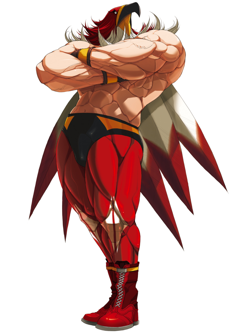 1boy abs ankle_boots bare_pectorals biceps boots bow crossed_arms falcoon fatal_fury full_body garou:_mark_of_the_wolves tizoc_(snk) highres looking_afar looking_away looking_up male_focus mask muscular official_art pectorals red_boots shoelaces simple_background snk solo spandex the_king_of_fighters the_king_of_fighters_2003 the_king_of_fighters_xi topless_male white_background wrestler wrestling_mask wrestling_outfit