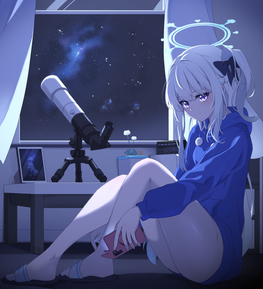 1girl absurdres bare_legs black_bow blue_archive blue_hoodie blush bow cellphone closed_mouth clov3r galaxy hair_between_eyes hair_bow highres holding holding_phone hood hoodie light_smile long_hair looking_at_viewer miyako_(blue_archive) no_pants official_alternate_costume one_side_up phone purple_eyes sidelocks slippers smartphone solo telescope white_hair