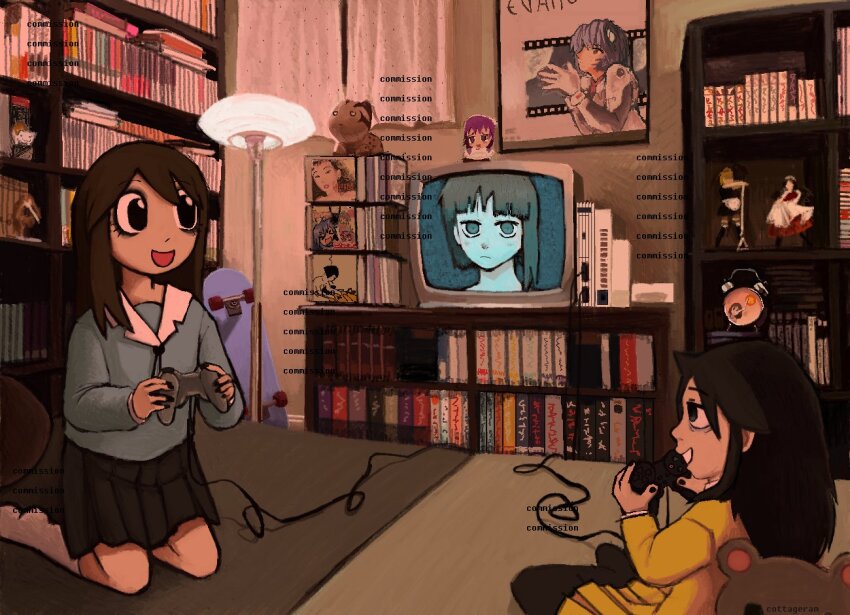 :d ayanami_rei azumanga_daioh&#039;s_school_uniform azumanga_daiou bags_under_eyes bedroom black_eyes black_hair black_nails black_pantyhose black_skirt blazer blue_shirt bookshelf brown_hair commission controller crt eyeshadow figure fumo_(doll) game_console game_controller hair_between_eyes holding holding_controller holding_game_controller iwakura_lain jacket kasuga_ayumu kneeling kuroki_tomoko lamp long_hair long_sleeves makeup mayaa_(azumanga_daioh) multiple_girls neon_genesis_evangelion no_shoes on_bed open_mouth pantyhose playing_games playstation_2 playstation_controller pleated_skirt poster_(object) sailor_collar school_uniform serafuku serial_experiments_lain shirt shoes skateboard skirt smile stuffed_animal stuffed_toy t0mokinnie television watashi_ga_motenai_no_wa_dou_kangaetemo_omaera_ga_warui! watermark white_sailor_collar white_shoes yellow_jacket yellow_skirt