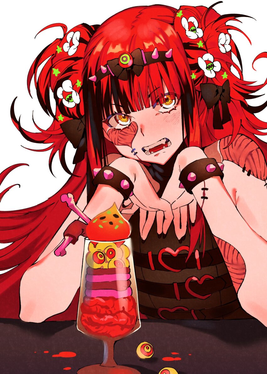 1girl black_bow black_shirt blunt_bangs body_horror bow bracelet elbow_rest exposed_muscle eyeball fangs glass hair_bow hair_over_eyes headband heart heart_print highres implied_cannibalism jewelry light_blush long_hair multicolored_eyes now_drawing open_mouth orange_eyes original portrait print_shirt red_hair ringed_eyes shirt short_eyebrows simple_background solo spiked_bracelet spikes stitched_arm stitched_face stitches two-tone_eyes two_side_up unkempt white_background white_eyes zombie