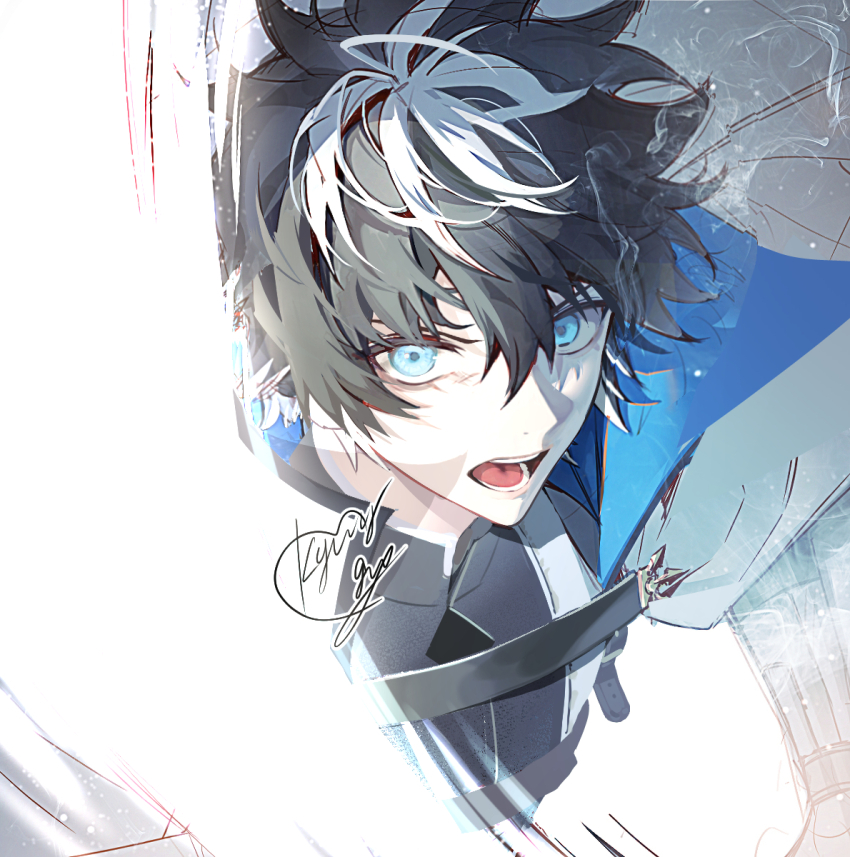 1boy black_hair blue_cloak blue_eyes cape charlemagne_(fate) charlemagne_(first_ascension)_(fate) cloak fate/grand_order fate_(series) hair_between_eyes highres light looking_at_viewer male_focus multicolored_hair open_mouth portrait shirt short_hair signature smoke solo streaked_hair two-sided_cape two-sided_fabric two-tone_hair wago white_cape white_cloak white_hair