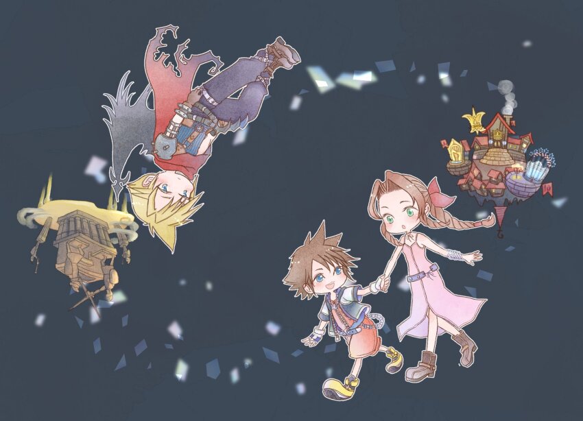 1girl 2boys aerith_gainsborough armor bare_shoulders belt black_pants blonde_hair blue_eyes blue_shirt bluelimbo8888 boots bracelet braid braided_ponytail brown_footwear brown_hair building chain chain_necklace chibi cloak cloud_strife colosseum demon_wings dress final_fantasy final_fantasy_vii fingerless_gloves full_body gloves green_eyes grey_background hair_ribbon highres holding_hands jacket jewelry jumpsuit kingdom_hearts long_hair looking_at_another multiple_belts multiple_boys necklace official_alternate_costume open_mouth pants parted_bangs parted_lips pink_dress purple_belt red_cloak red_jumpsuit red_ribbon ribbon shirt shoes short_hair short_jumpsuit short_sleeves shoulder_armor sidelocks single_wing sleeveless sleeveless_dress sleeveless_turtleneck smile sora_(kingdom_hearts) spiked_hair square_enix thigh_strap torn_clothes turtleneck upside-down walking wings yellow_shoes