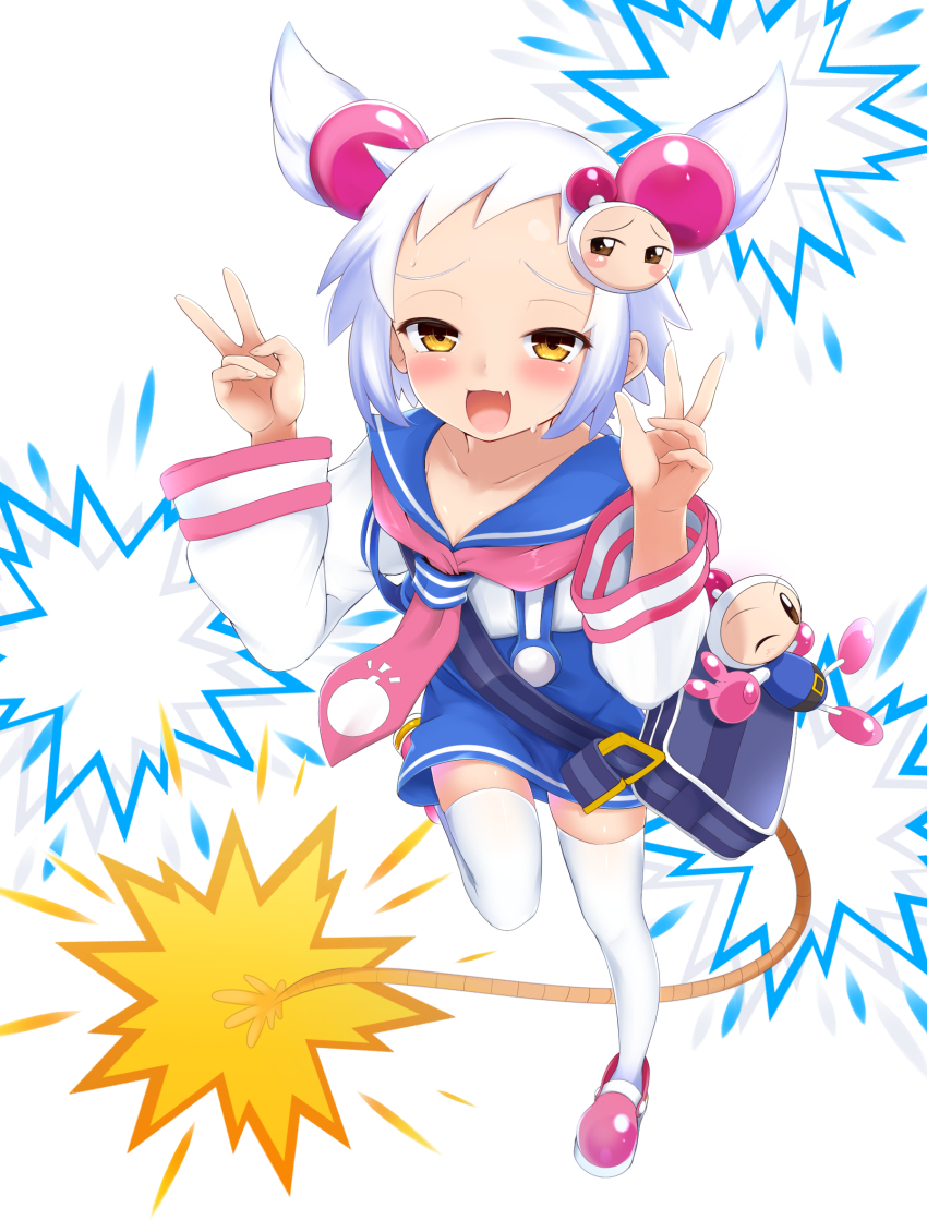 1girl argentum_2o bag blue_sailor_collar blue_skirt blush bombergirl character_hair_ornament double_v expressive_clothes fang full_body furrowed_brow fuse_tail hair_bobbles hair_ornament highres leg_up long_sleeves looking_at_viewer mesugaki neckerchief open_mouth pink_neckerchief pink_shoes sailor_collar school_uniform serafuku shiron_(bombergirl) shoes short_hair shoulder_bag simple_background skin_fang skirt smile smug solo standing standing_on_one_leg suspender_skirt suspenders sweat tail thighhighs v white_background white_bomberman white_hair white_serafuku white_thighhighs yellow_eyes