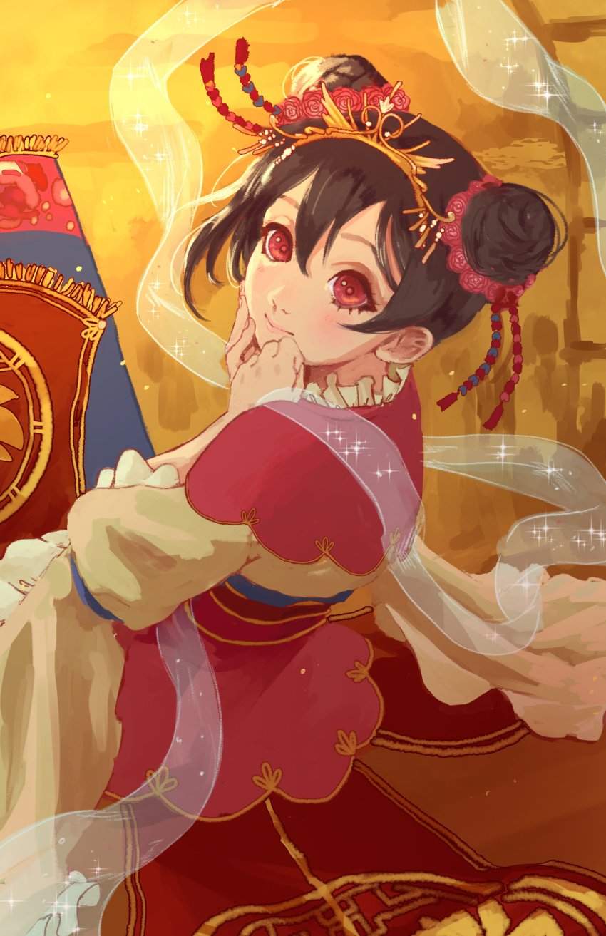 10s 1girl :&gt; absurdres bad_id bad_twitter_id black_hair blush cosplay derivative_work double_bun female_focus hair_bun highres japanese_clothes looking_back love_live! love_live!_school_idol_project orihime_(cosplay) orihime_(tanabata) red_eyes smile solo sparkle tanabata yazawa_nico