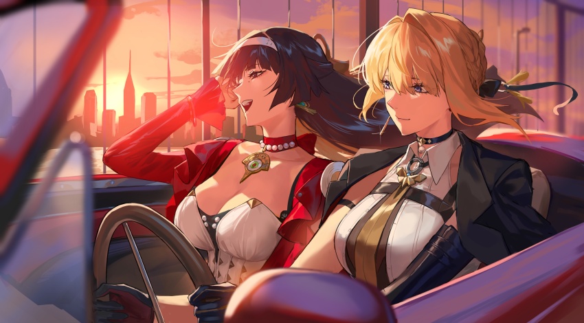 2girls absurdres astra_yao bare_shoulders black_gloves black_hair black_jacket blonde_hair breasts car chest_harness choker cleavage collared_shirt convertible cropped_jacket dress earrings evelyn_chevalier gloves hair_ornament hairband harness highres jacket jacket_on_shoulders jewelry large_breasts long_hair long_sleeves medium_hair motor_vehicle multiple_girls necktie pendant purple_eyes red_car red_eyes red_jacket shirt sleeveless sleeveless_shirt steering_wheel white_dress white_shirt zenless_zone_zero zonotaida