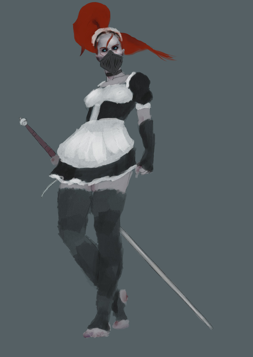 1girl absurdres apron blue_eyes choker collarbone gloves greatsword grimace hair_ornament high_ponytail highres imperium_of_man kettu_fox long_hair looking_at_viewer maid maid_apron maid_headdress mask mouth_guard mouth_mask pale_skin ponytail red_hair scar scar_on_face self-upload simple_background sisters_of_silence sketch solo sword thighhighs toeless_legwear unfinished warhammer warhammer_40k weapon zweihander