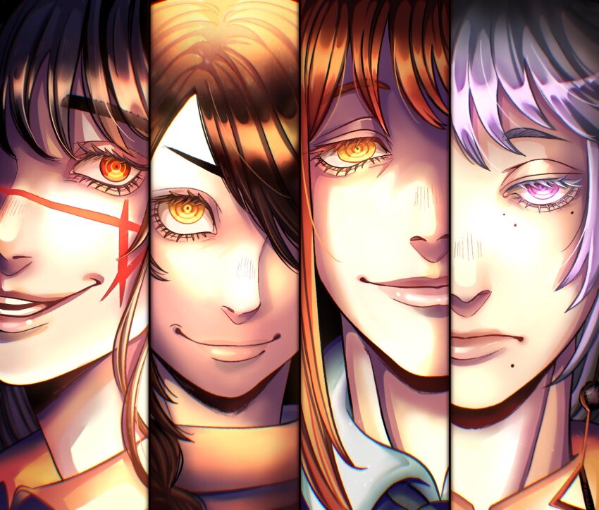 4girls black_hair chainsaw_man column_lineup commentary cross_scar earrings facial_scar fami_(chainsaw_man) frown highres jewelry makima_(chainsaw_man) mole mole_under_eye mole_under_mouth multiple_girls multiple_moles nayuta_(chainsaw_man) open_mouth orange_eyes pink_eyes purple_hair red_hair ringed_eyes scar scar_on_cheek scar_on_face scar_on_nose smile smug turtleneck wischkaa yoru_(chainsaw_man)