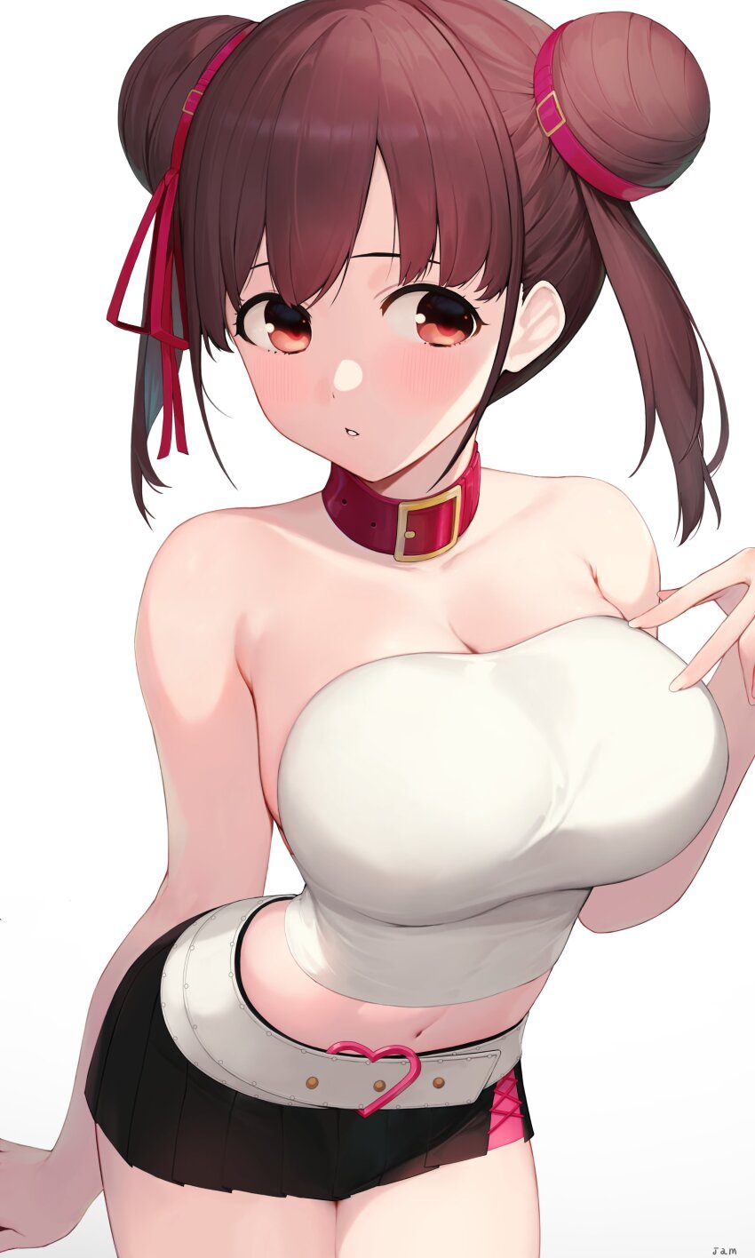 1girl absurdres arm_behind_back bare_shoulders wallet_chain black_skirt breasts cleavage cowboy_shot double_bun hair_bun highres idolmaster idolmaster_shiny_colors jam_(nandade) large_breasts leaning_forward midriff miniskirt navel off-shoulder_shirt off_shoulder parted_lips pleated_skirt red_eyes shirt simple_background skirt solo sonoda_chiyoko strapless tareme tight_clothes tight_shirt tube_top white_background white_shirt