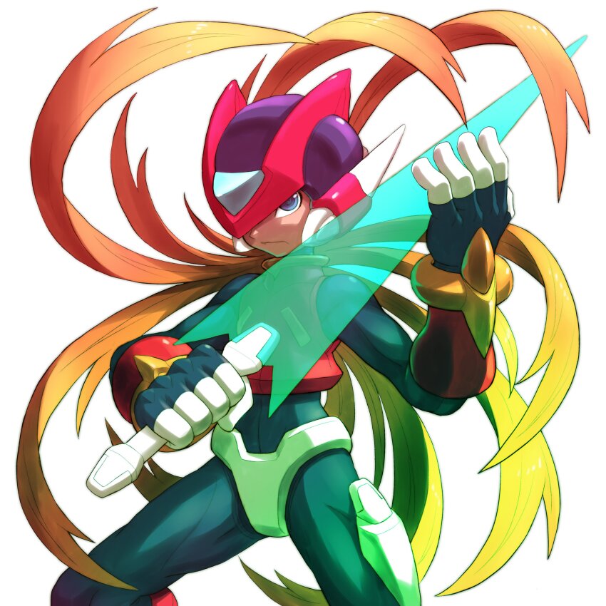 1boy absurdres armor black_eyes cowboy_shot energy_sword floating_hair forehead_jewel hashtag-only_commentary helmet hi-go! highres holding holding_sword holding_weapon male_focus mega_man_(series) mega_man_zero_(series) red_armor red_helmet simple_background solo standing sword teeth weapon white_background z_saber zero(z)_(mega_man) zero_(mega_man)