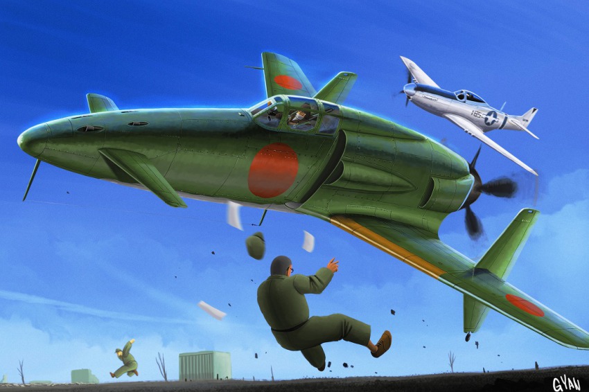 3boys aerial_battle aircraft airplane artist_name battle building day escort_fighter gyan_(akenosuisei) hat horizon horizontal_bar kyuushuu_j7w_shinden male_focus military military_vehicle multiple_boys original p-51_mustang pilot propeller propeller_fighter signature sky vehicle_focus wind world_war_ii
