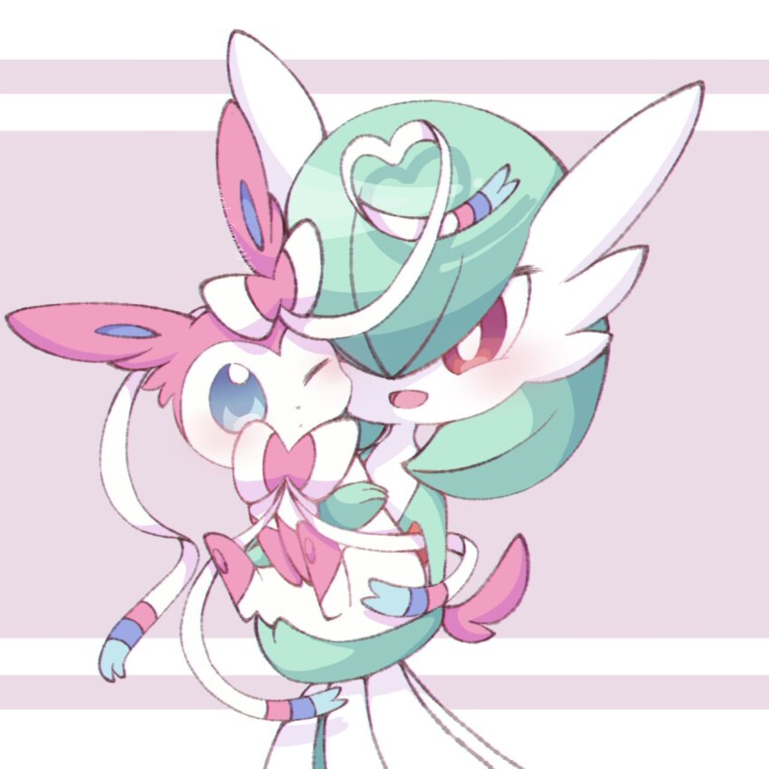 blue_eyes blush bob_cut bow bowtie colored_skin dress gardevoir gen_3_pokemon gen_6_pokemon green_hair green_skin heart highres holding holding_pokemon multicolored_fur multicolored_skin narumiya_pkmn nintendo one_eye_closed pink_eyes pink_fur pokemon pokemon_(creature) signature simple_background sylveon two-tone_skin white_dress white_fur white_skin