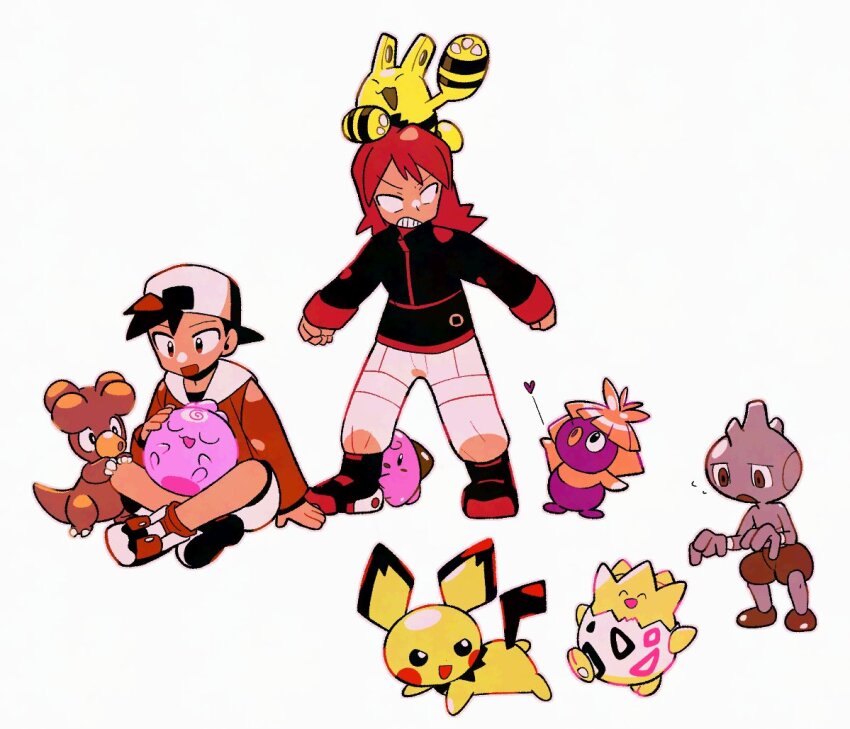 2boys annoyed backwards_hat black_hair boots cleffa clenched_teeth creatures_(company) elekid ethan_(pokemon) game_freak gen_2_pokemon happy hat heart hug igglybuff magby male_focus multiple_boys nintendo on_head on_lap one_eye_closed open_mouth pants pichu pokemon pokemon_(creature) pokemon_gsc pokemon_on_head pokemon_on_lap red_hair silver_(pokemon) sitting smoochum standing teeth togepi tyako_089 tyrogue white_background