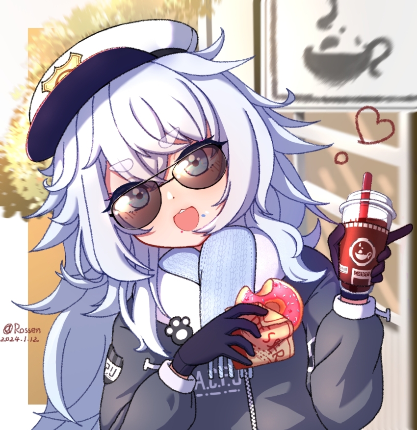 1girl :d black_gloves blue_eyes dated donut flat_chest food food_on_face gloves goddess_of_victory:_nikke grey_jacket hat heart highres holding jacket long_hair official_alternate_costume open_mouth poli_(nikke) poli_(sweet_holic)_(nikke) police_hat rossen scarf sidelocks smile solo sunglasses very_long_hair wavy_hair white_hair white_scarf