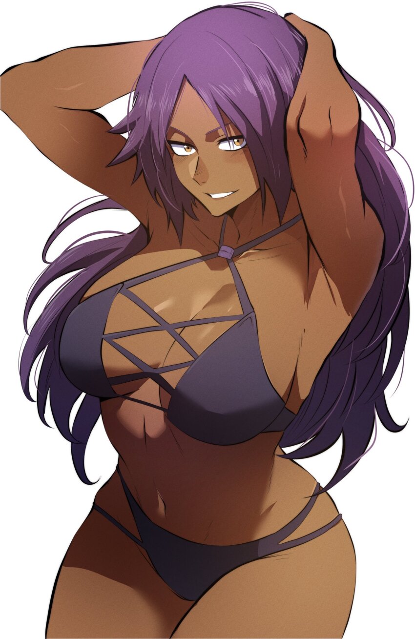 1girl alternate_costume alternate_hairstyle armpits arms_behind_head arms_up bare_arms bare_shoulders bikini black_bikini bleach bleach:_brave_souls breasts cleavage collarbone criss-cross_halter dark-skinned_female dark_skin hair_down halterneck hands_in_own_hair highres large_breasts long_hair looking_at_viewer navel official_alternate_costume presenting_armpit purple_hair shihouin_yoruichi simple_background smile solo stomach string_bikini swimsuit thatamaan thighs toned toned_female white_background yellow_eyes