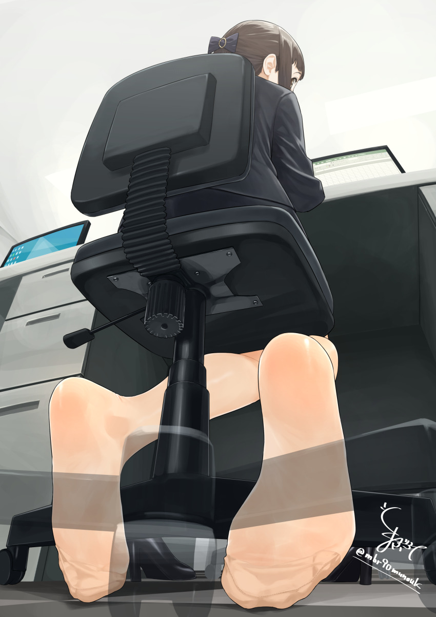 1girl absurdres brown_eyes brown_hair chair desk feet highres looking_at_viewer maburoku office_chair office_lady on_chair pantyhose pov sitting soles swivel_chair toes