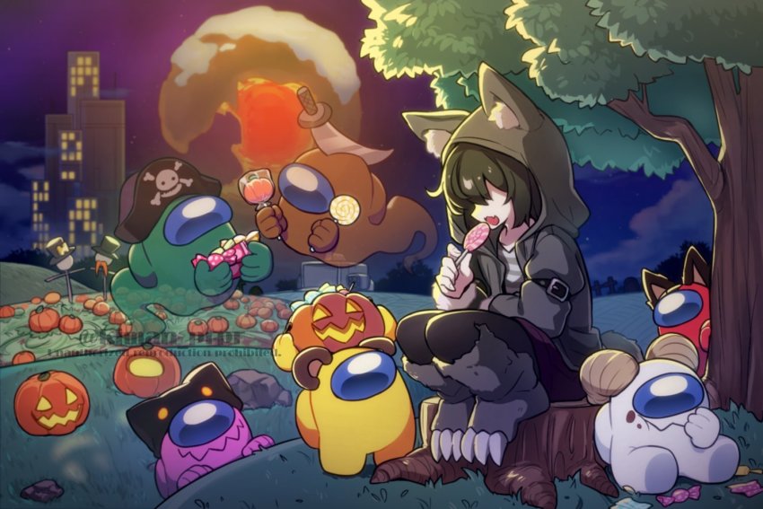 1other among_us animal_ears black_headwear brown_(among_us) brown_hair candy city crewmate_(among_us) fake_animal_ears fangs food ghost_(among_us) green_(among_us) hat holding holding_candy holding_food holding_lollipop horns impostor_(among_us) jack-o&#039;-lantern jacket kiman lollipop long_sleeves night open_clothes open_jacket original outdoors pink_(among_us) pirate_hat pumpkin red_(among_us) shirt short_hair sitting striped_clothes striped_shirt sword they_(kiman) top_hat tree tree_stump weapon white_(among_us) wolf_ears wolf_paws yellow_(among_us)