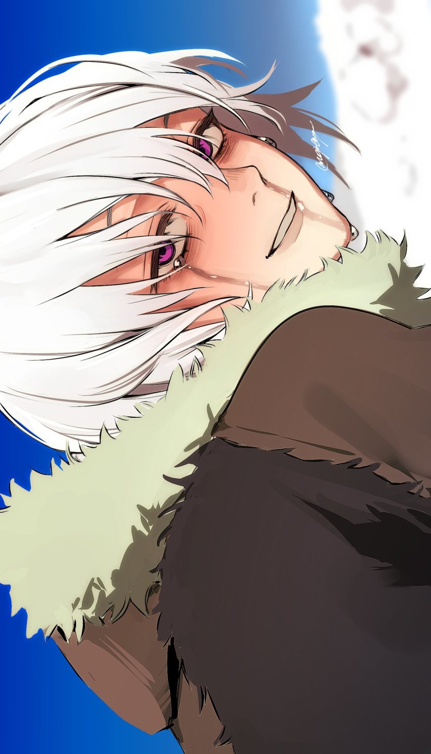 1boy artist_name bags_under_eyes blurry blurry_background coat commentary_request fumetsu_no_anata_e fur_trim grin hair_between_eyes highres hood looking_at_viewer male_focus mugi_oyasumi purple_eyes runny_nose short_hair sideways signature smile snot solo sweat tears the_nameless_boy_(fumetsu_no_anata_e) white_hair