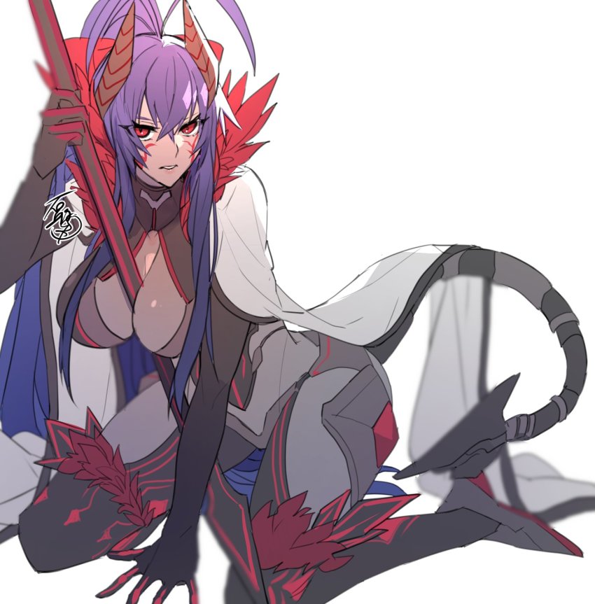 1girl another_dark_mai antenna_hair backless_outfit bare_shoulders black_pants blazblue blazblue:_central_fiction blazblue_alternative:_dark_war blue_hair bow breasts cape colored_skin dark_persona gloves grey_skin hair_between_eyes hair_bow halterneck halterneck highres holding holding_spear holding_weapon horns large_breasts long_hair looking_at_viewer lowleg lowleg_pants mai_natsume outseal pants polearm ponytail red_bow red_eyes revealing_clothes ribbon roas01b sideboob sidelocks solo spear tail very_long_hair weapon white_cape