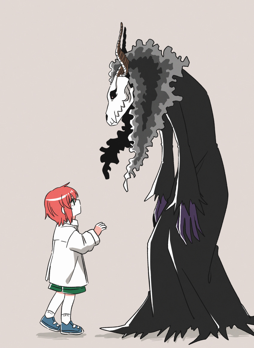 1boy 1girl absurdres animal_head animal_skull black_coat blue_footwear child coat delfuze elias_ainsworth fur_collar green_shorts grey_background hatori_chise highres horns mahou_tsukai_no_yome monster red_hair shirt shoes shorts simple_background skull_head socks white_shirt white_socks
