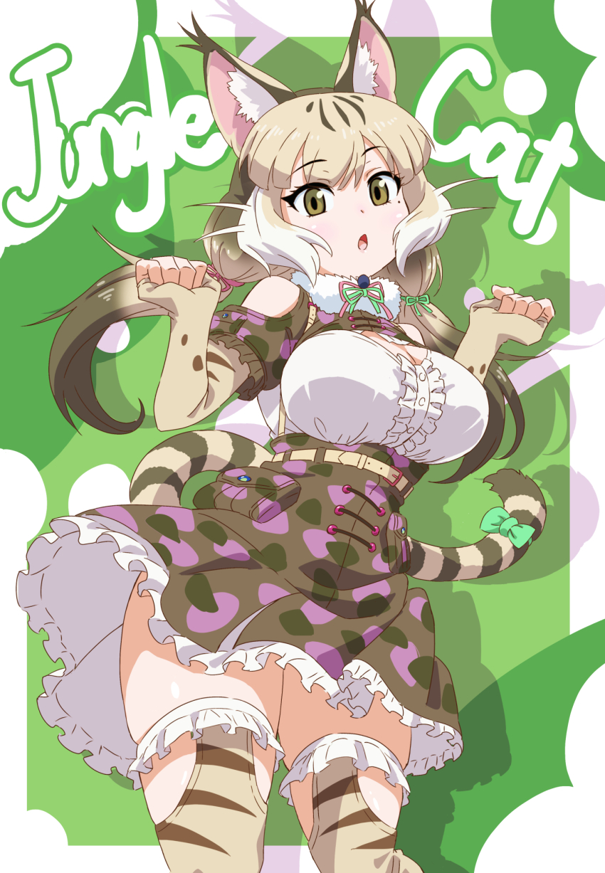 1girl animal_ears bare_shoulders belt camouflage cat_ears cat_girl cat_tail elbow_gloves extra_ears fingerless_gloves gloves green_background green_eyes grey_hair highres jacket jungle_cat_(kemono_friends) kemono_friends kemono_friends_v_project long_hair looking_at_viewer microphone ribbon shirt simple_background skirt solo tail thighhighs twintails virtual_youtuber yamaguchi_yoshimi