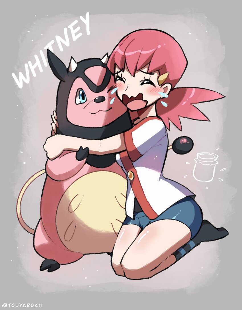 1girl artist_name blue_eyes blue_shorts character_name closed_mouth commentary crying denim denim_shorts english_commentary eyelashes gen_2_pokemon grey_background highres hug medium_hair miltank multiple_tails nintendo one_eye_closed pokemon pokemon_(creature) pokemon_hgss red_hair seiza short_shorts shorts sitting tail tears touyarokii twitter_username udder wavy_mouth whitney_(pokemon)