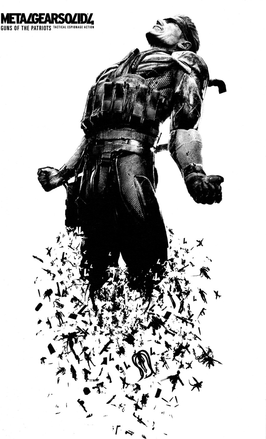 1boy absurdres dissolving greyscale highres konami male_focus metal_gear_(series) metal_gear_solid metal_gear_solid_4:_guns_of_the_patriots monochrome old_snake solid_snake solo vulcan_raven