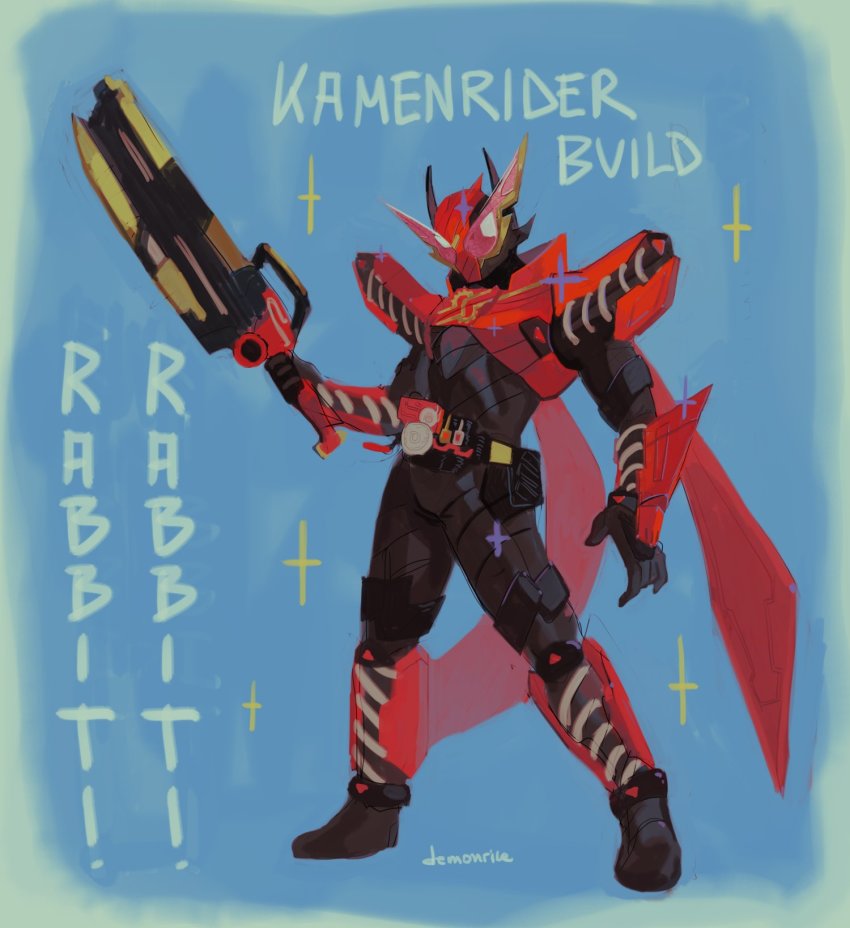1boy armor blue_background compound_eyes demonnnrice flat_color fullbottle_buster hazard_trigger highres holding holding_sword holding_weapon kamen_rider kamen_rider_build kamen_rider_build_(series) male_focus open_hand pink_eyes rabbit rabbit+rabbit_form shoulder_armor signature sketch spring_(object) sword weapon