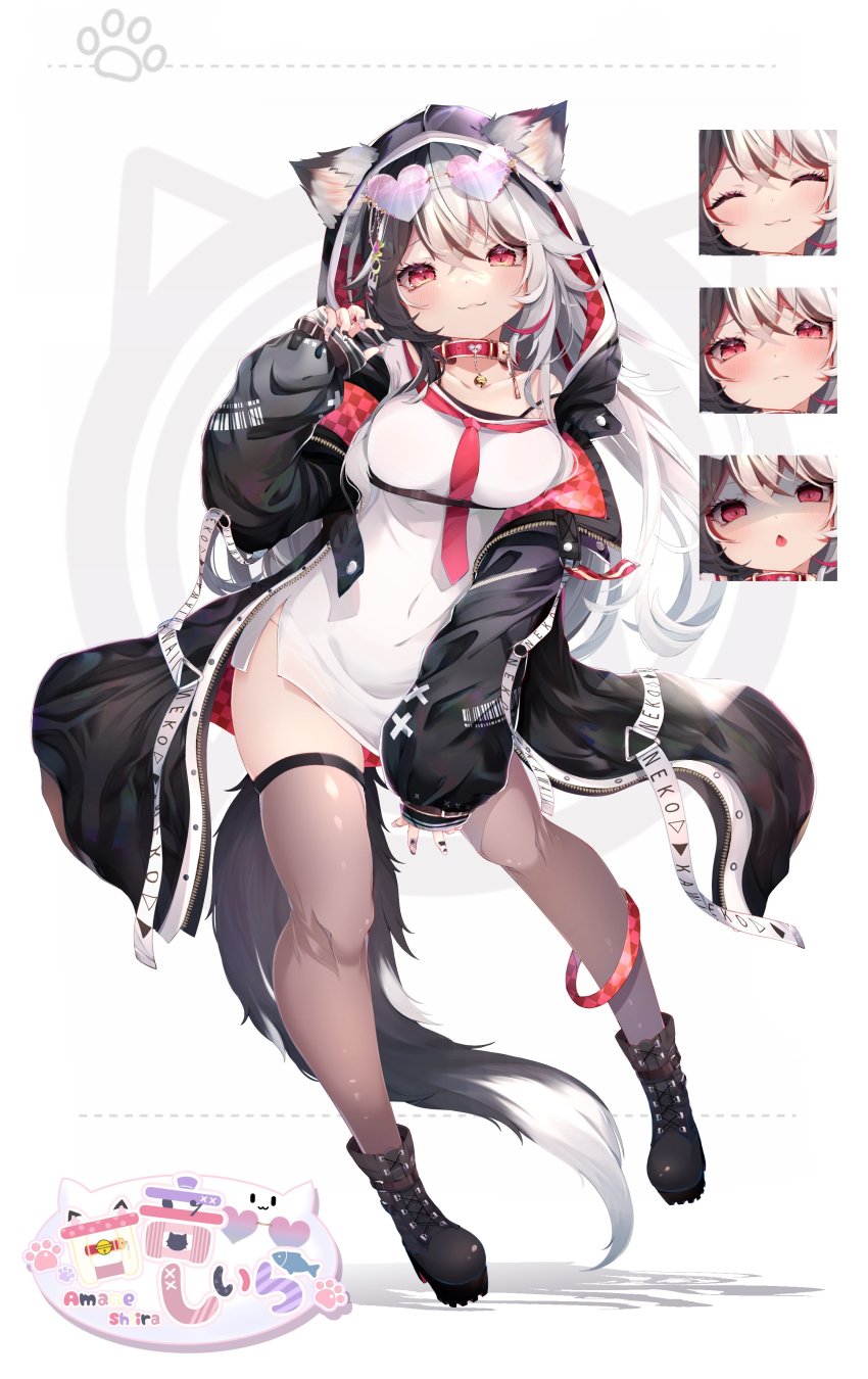1girl :3 ^_^ absurdres amane_shiira animal_ears bell black_boots black_hair black_jacket blush boots breasts chestnut_mouth closed_eyes collar collarbone commentary_request covered_navel dress eyewear_on_head full_body hair_between_eyes hand_up heart heart-shaped_eyewear highres hood hooded_jacket indie_virtual_youtuber jacket jingle_bell long_hair long_sleeves looking_at_viewer medium_breasts multicolored_hair multiple_expressions necktie open_mouth original red_eyes red_necktie shaded_face shadow shiira_(nya_rl) short_dress simple_background solo standing tail thighhighs thighs two-tone_hair virtual_youtuber white_background white_dress white_hair wolf_ears wolf_girl wolf_tail