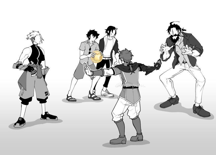 5boys achilles_(fate) achilles_(fearless_diver)_(fate) battamon beard belt boots claw_pose edward_teach_(fate) edward_teach_(midsummer_gentleman)_(fate) faceless faceless_male facial_hair fate/grand_order fate_(series) fujimaru_ritsuka_(male) full_body greyscale hector_(fate) highres jacket leg_hair male_focus mandricardo_(fate) mandricardo_(summer_sportswear)_(fate) meme monochrome multiple_boys mustache outstretched_arms ponytail prattkeeping_(meme) prosthesis prosthetic_arm shadow short_sleeves skull spot_color spread_arms sunglasses sweatdrop tabard