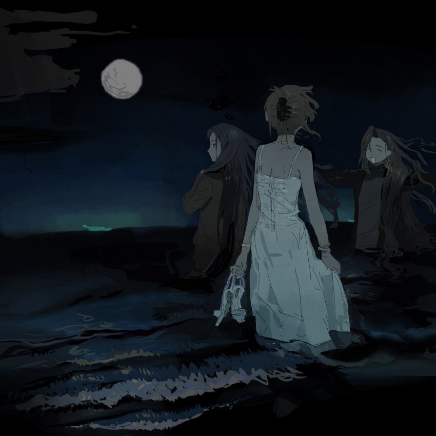 3girls bracelet brown_hair dress highres jewelry long_hair ma_fu multiple_girls night ocean original outdoors partially_submerged sandals sketch sky unworn_sandals white_dress