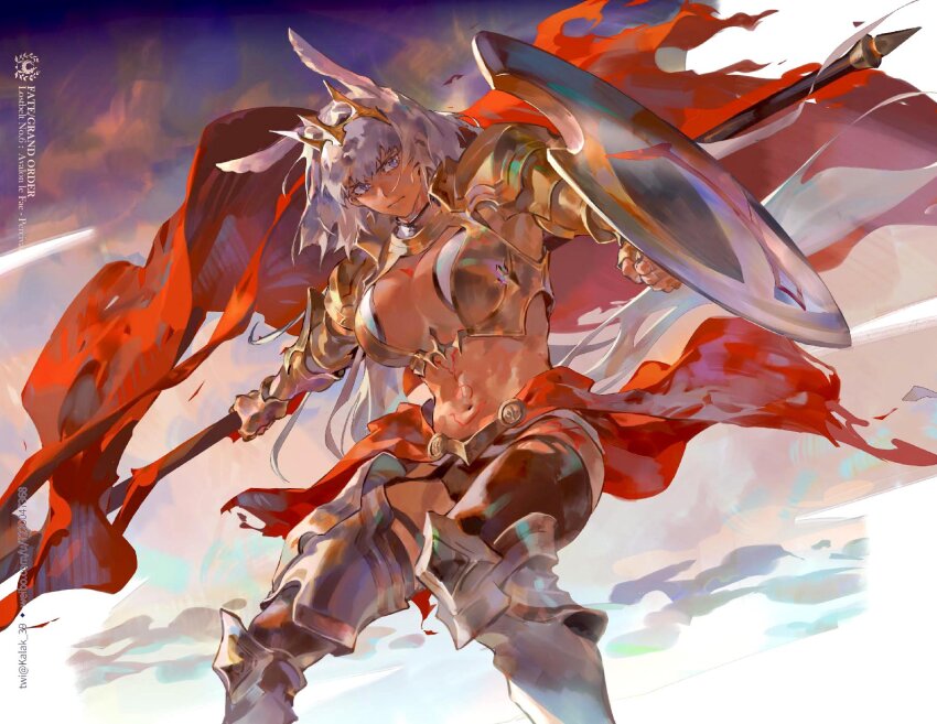 1girl animal_ears armor blue_eyes breasts caenis_(fate) caenis_(third_ascension)_(fate) dark-skinned_female dark_skin fate/grand_order fate_(series) greaves highres holding holding_polearm holding_shield holding_weapon kalak_39 large_breasts long_hair navel polearm shield shoulder_armor tattoo twitter_username weapon white_hair