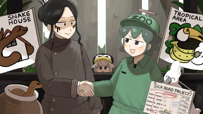 3girls :d absurdres bird black_hair brown_coat coat cockatoo commentary constricted_pupils diva_(hyxpk) donut_stamp duck english_commentary english_text green_hat green_shirt grey_hair hair_bun handshake hat highres makeup multiple_girls open_mouth parrot_keeper_(diva) penguin_hat penguin_keeper_(diva) runny_makeup shirt short_hair sign single_hair_bun slice_of_life smile snake snake_keeper_(diva) spiked_hair zoo zookeeper zookeepers_(diva)