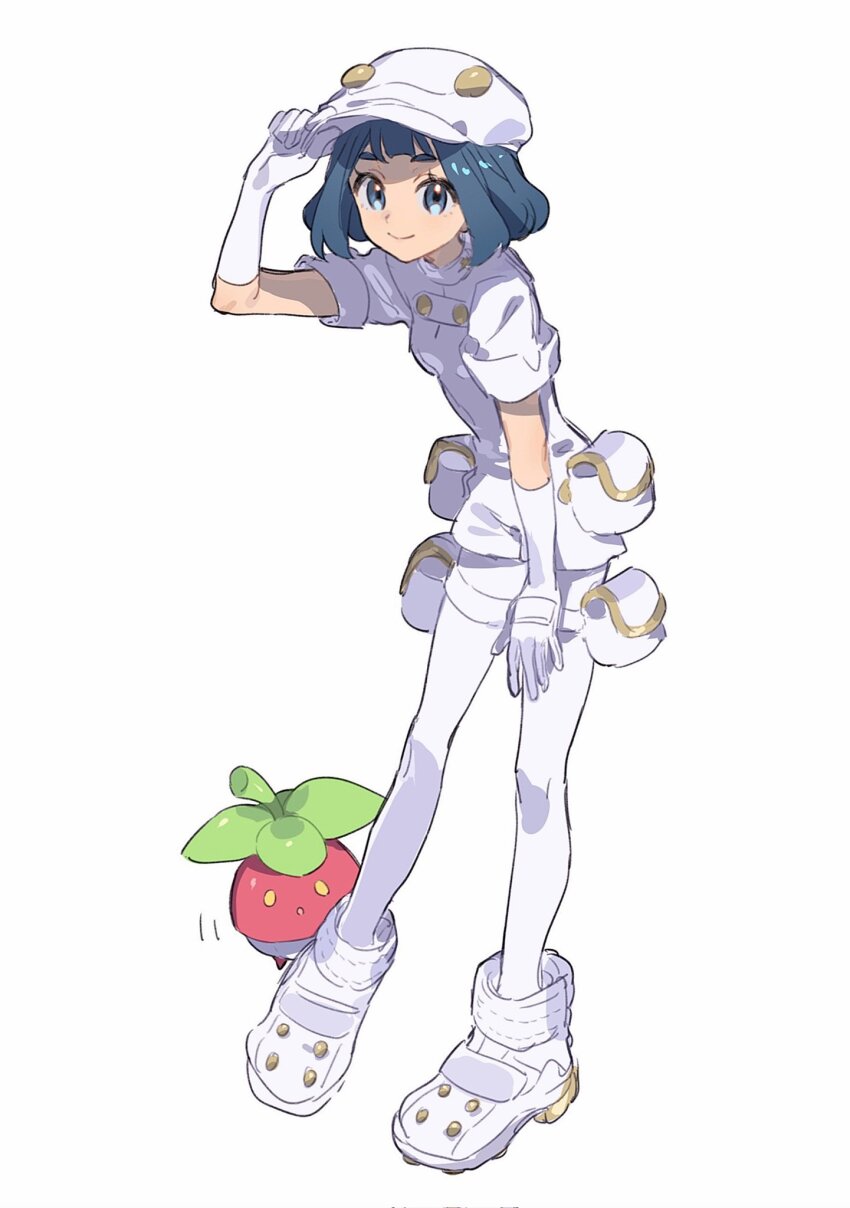 1girl adjusting_clothes adjusting_headwear aether_foundation_employee aether_foundation_employee_(cosplay) aether_foundation_uniform blue_eyes blue_hair bounsweet cabbie_hat closed_mouth cosplay fua1heyvot4ifsr game_freak gen_7_pokemon gloves hand_up hat highres jumpsuit nintendo original pantyhose pokemon pokemon_(creature) pokemon_sm shoes short_hair short_jumpsuit short_sleeves simple_background smile white_background white_footwear white_gloves white_hat white_jumpsuit white_pantyhose