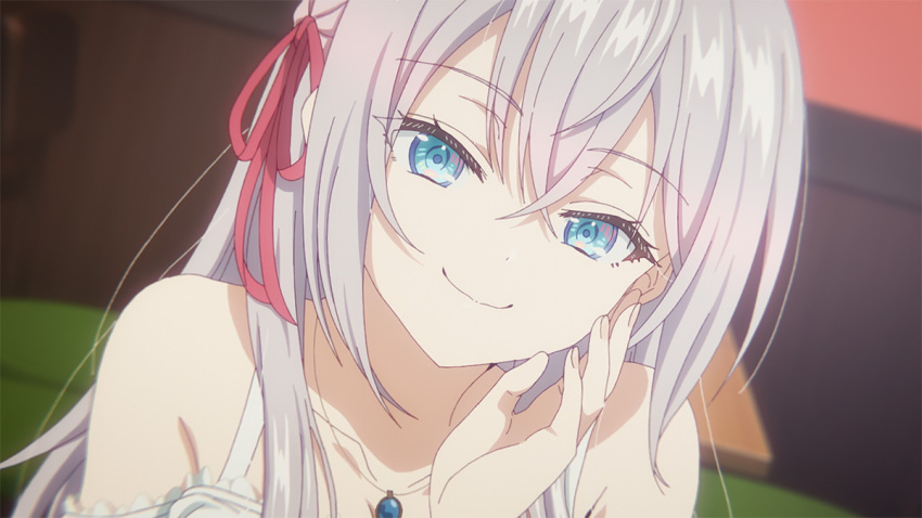 1girl alisa_mikhailovna_kujou anime_screenshot bare_shoulders blue_eyes closed_mouth collarbone crossed_bangs dress eyes_visible_through_hair grey_hair hair_between_eyes hair_ribbon hand_up indoors jewelry long_hair looking_at_viewer necklace off-shoulder_dress off_shoulder official_art pendant red_ribbon ribbon smile solo tokidoki_bosotto_roshia-go_de_dereru_tonari_no_alya-san white_dress