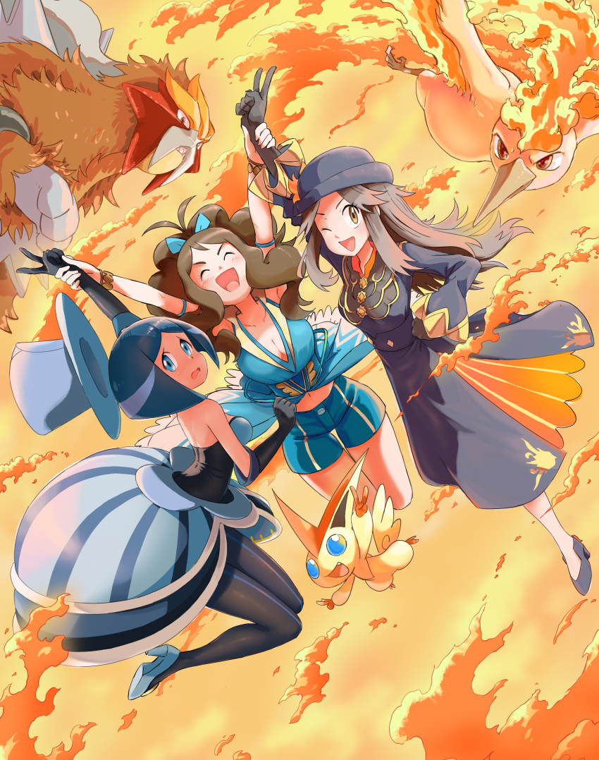 3girls :d ;d absurdres antenna_hair aqua_eyes arms_up blush breasts brown_eyes brown_hair cleavage closed_eyes commentary_request dress entei evelyn_(pokemon) eyelashes fire gen_1_pokemon gen_2_pokemon gen_5_pokemon gloves hair_flaps hat high_heels highres hilda_(pokemon) hilda_(sygna_suit)_(pokemon) leaf_(champion)_(pokemon) leaf_(pokemon) legendary_pokemon long_hair long_sleeves medium_breasts moltres multiple_girls mythical_pokemon nintendo official_alternate_costume one_eye_closed open_mouth pantyhose pokemon pokemon_(creature) pokemon_masters_ex pokemon_xy sidelocks smile top_hat u4_99384295 v victini yellow_background