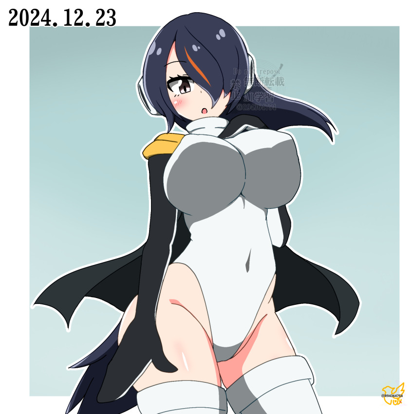 1girl black_hair black_jacket blue_background border breasts brown_eyes covered_navel dated emperor_penguin_(kemono_friends) gradient_background hair_over_one_eye hajime_(hajimer-kagayaki_kemonotouma) headphones heattech_leotard highleg highleg_leotard highres jacket kemono_friends large_breasts leotard long_hair looking_at_viewer multicolored_hair outside_border penguin_girl penguin_tail solo streaked_hair tail thighhighs turtleneck white_border white_leotard white_thighhighs