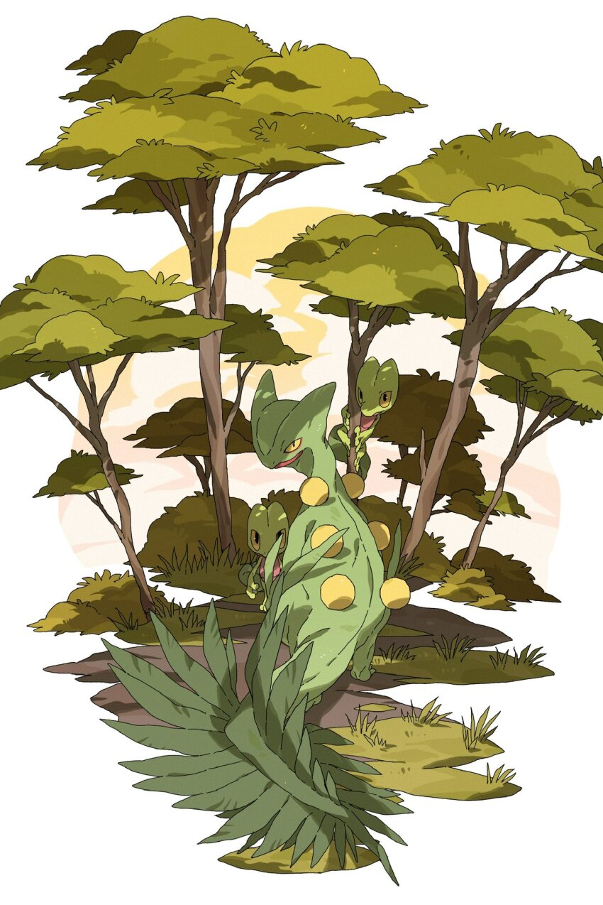 bush climbing_tree closed_mouth cloud cloudy_sky colored_sclera colored_skin commentary creatures_(company) dappled_sunlight dusk from_behind full_body game_freak gen_3_pokemon grass green_skin highres looking_at_viewer looking_back nintendo no_humans outdoors pokemon pokemon_(creature) pokemon_focus sceptile shadow simple_background sky slit_pupils standing sunlight symbol-only_commentary tail tree treecko white_background wulie_errr yellow_sclera