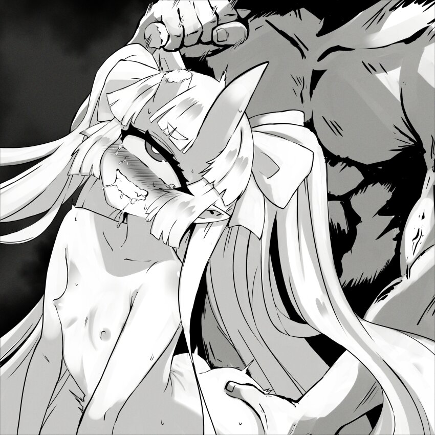 1boy 1girl 2025 absurdres ahegao broken_horn calaverga_vt cecilia_rosenkreutz doggystyle flat_chest highres horn_grab horns implied_sex indie_virtual_youtuber loli motion_lines older_man_and_younger_girl one-eyed oni_girl pointy_ears saliva sex sex_from_behind standing standing_sex stuffed_toy